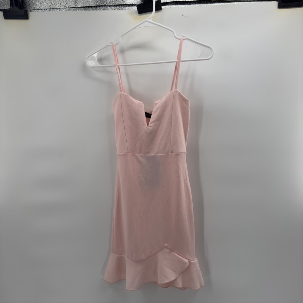 PrettyLittleThing pink mini dress bodycon dusty pink V bar frill hem size 0